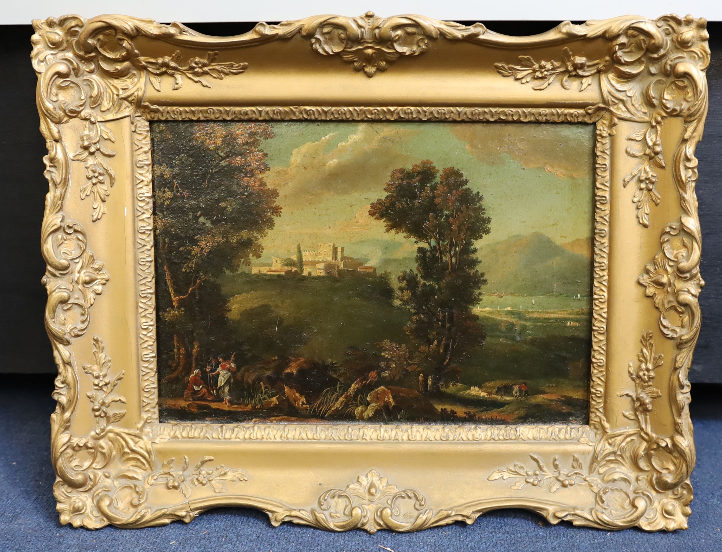 Early 19th century Italian School, Figures in a landscape with castle beyond, oil on canvas, 24 x 34.5cm